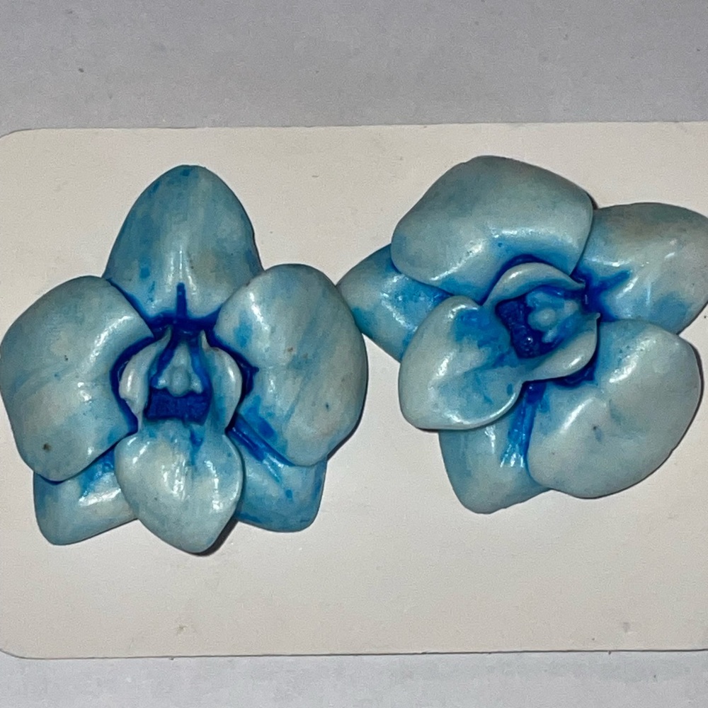Blue Ceramic Flower Earrings - Pair